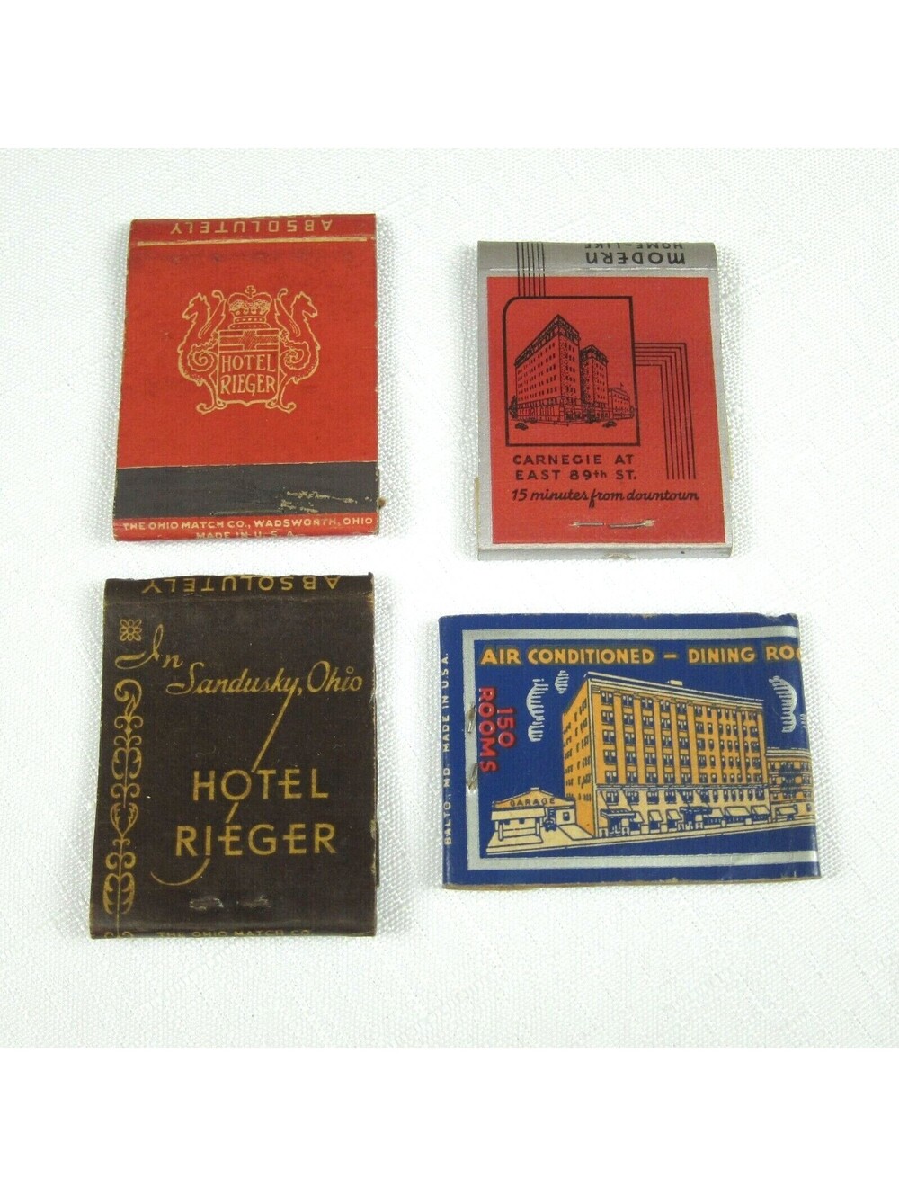 4 Vintage Matchbook Covers Hotel Rieger, Hotel Bolton, & The Barr Hotel in Ohio